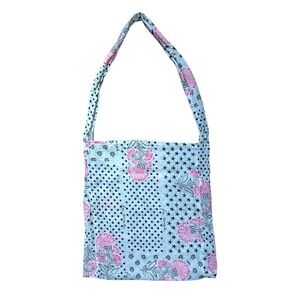 Free People White Pink Floral Cotton Beach Tote Bag